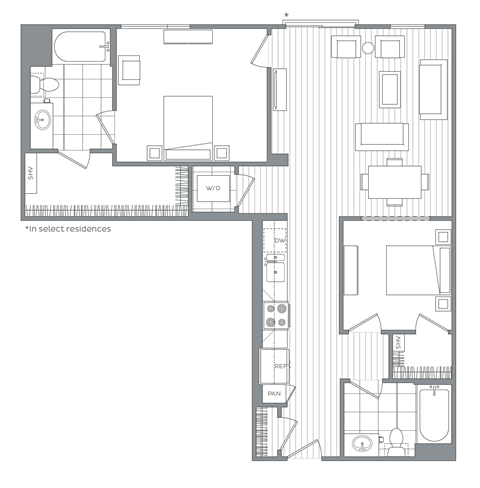 Floor plan for 2 beds, 2 baths, 1021 sqft
